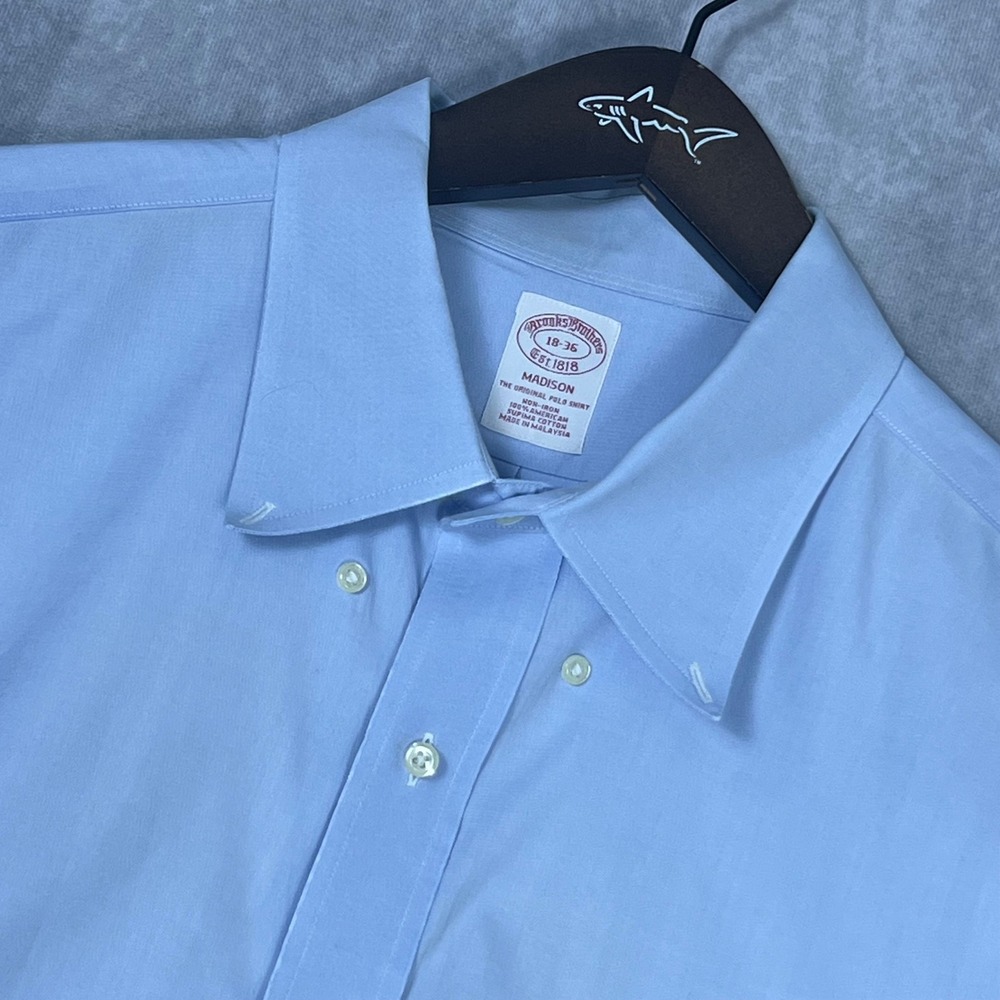 Brooks Brothers‎ Madison Dress Shirt Mens 18 36 Blue Non-Iron Supima Cotton Polo